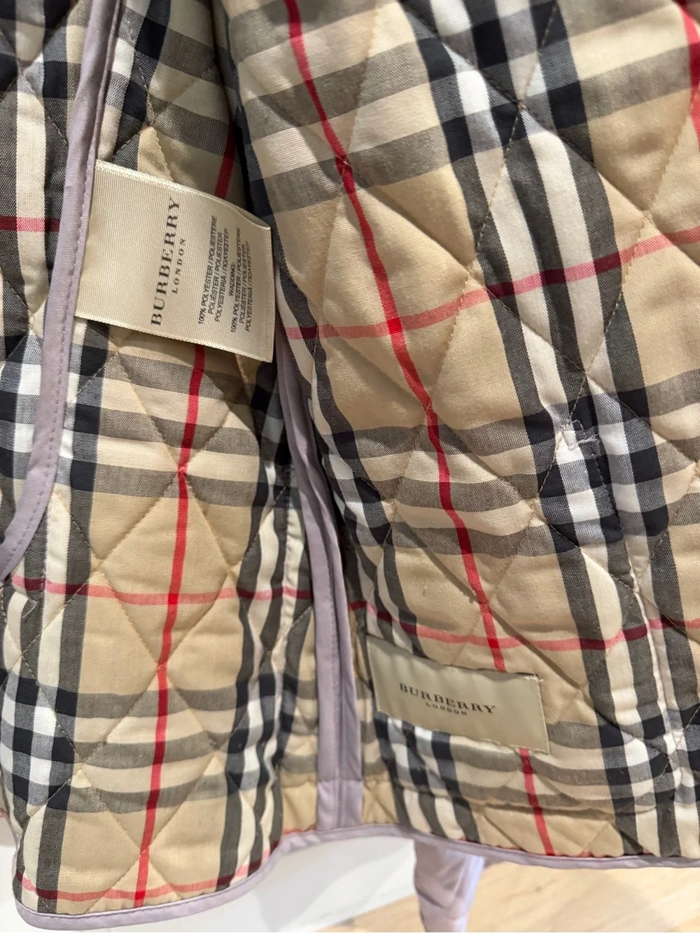 Burberry Quilted Lavender Puffer Jacket with Signature Check Lining